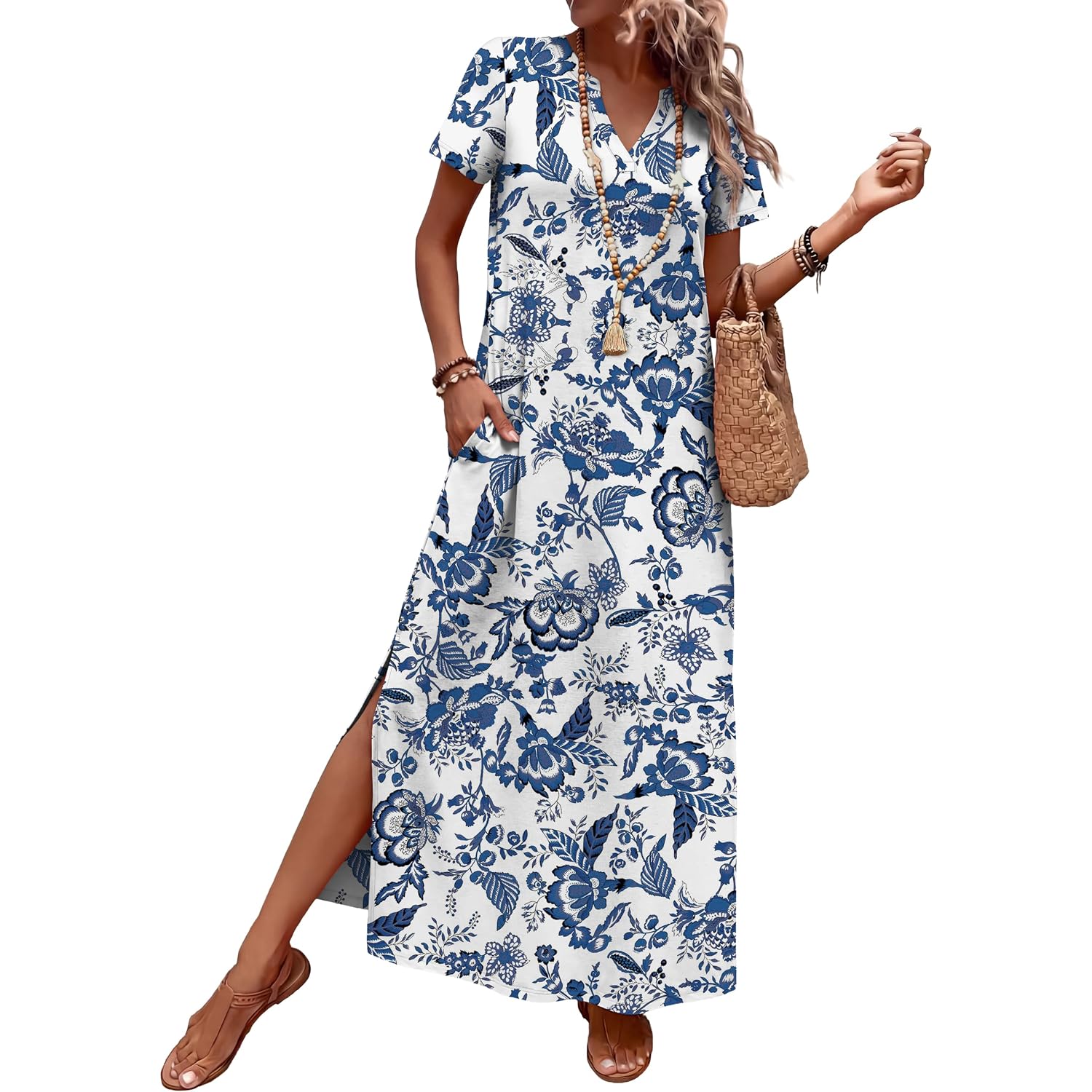 Ofeefan Summer Dresses For Women 2026 Maxi Dress Short Sleeve Sundresses With Pockets Beach Vacation Spring Outfits