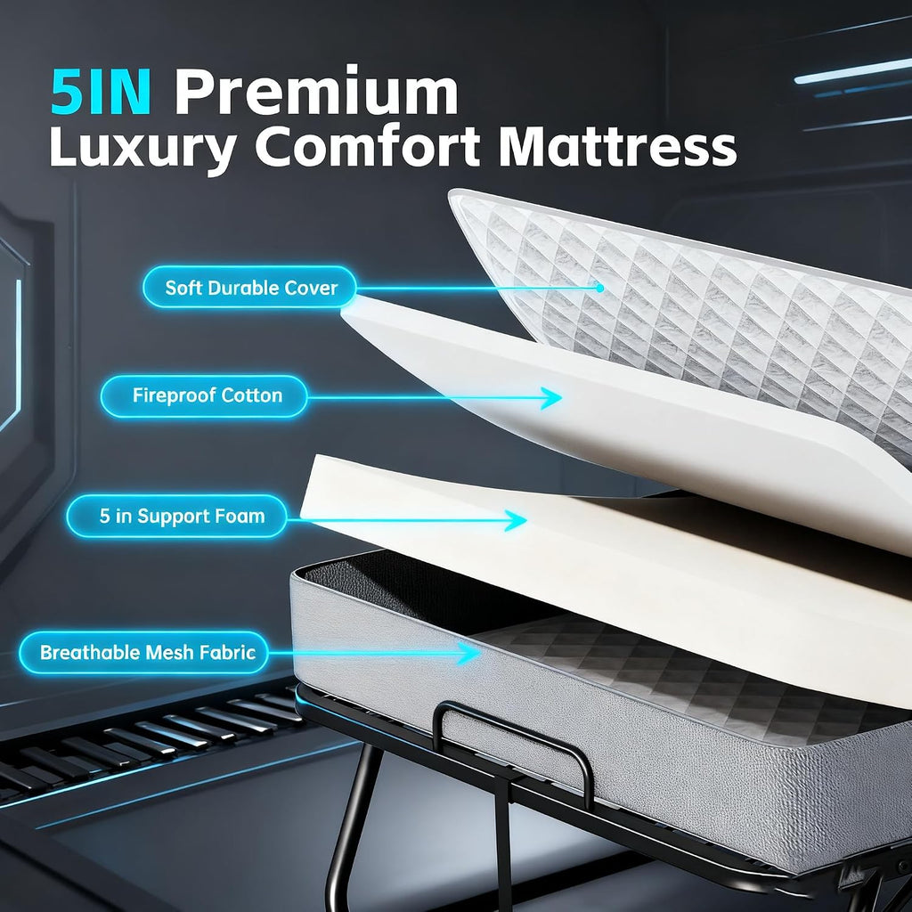 Pataku Folding Bed With Mattress, Twin Foldable Bed, Roll Away Beds For Adults, 75" X 31" Roll Away Portable Beds With 5" Mattress, Folded Frame For Small Apartment, Guest Room