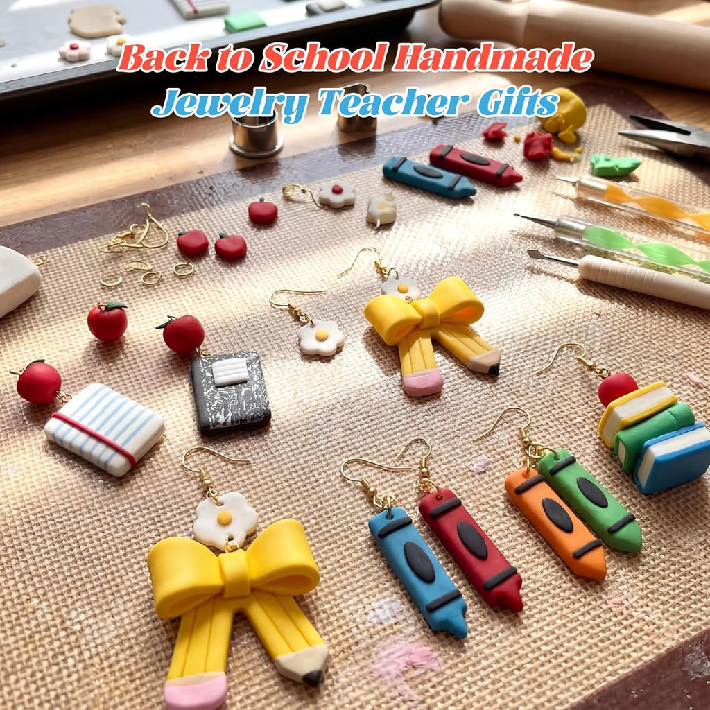 4 Pairs Teacher Earrings for Women Cute Polymer Clay Teacher Day Studs Earrings Gifts Pencil Crayon Composition Notebook Book Jewelry for Graduation Appreciation End of Year Accessories