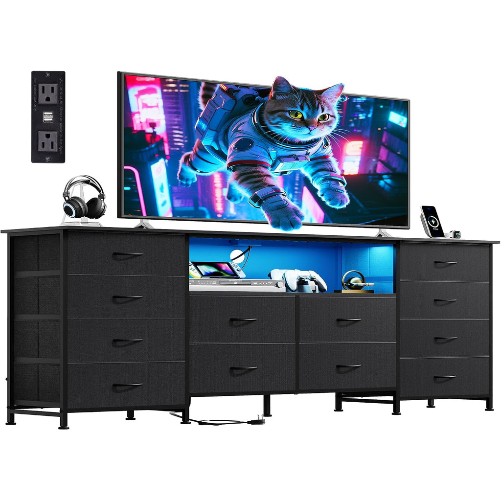 Wlive 12 Drawer Dresser For Bedroom, Black Dresser Tv Stand For 65, 70, 75 Inch Tv With Led Light & Charging Station, Wide Chest Of Drawers With Open Shelves, Fabric Dressers For Closet, Living Room