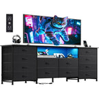 Wlive 12 Drawer Dresser For Bedroom, Black Dresser Tv Stand For 65, 70, 75 Inch Tv With Led Light & Charging Station, Wide Chest Of Drawers With Open Shelves, Fabric Dressers For Closet, Living Room