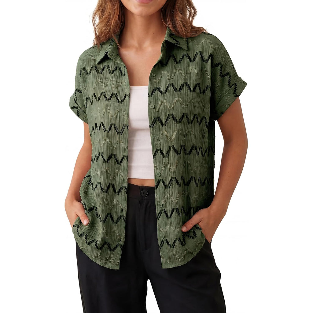 Blooming Jelly Women Casual Summer Button Down Blouse Textured Chevron Print Flowy Elegant Short Sleeve Shirt With Embroidery