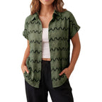 Blooming Jelly Women Casual Summer Button Down Blouse Textured Chevron Print Flowy Elegant Short Sleeve Shirt With Embroidery