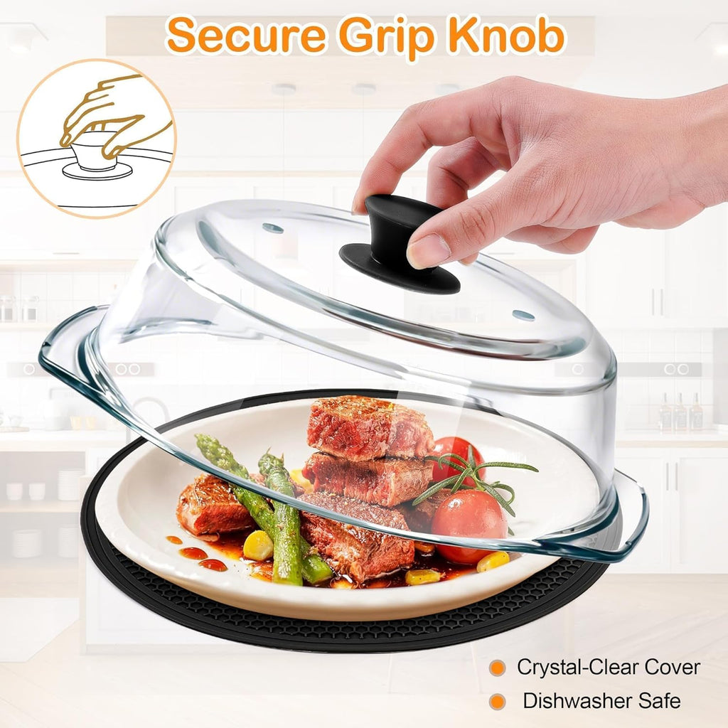 Glass Microwave Splatter Cover for Food with Microwave Place Mat - Sturdy Plate Guard Lid with Vent Holes and Easy-Grip Silicone Handle - BPA Free, Dishwasher Safe (Black)