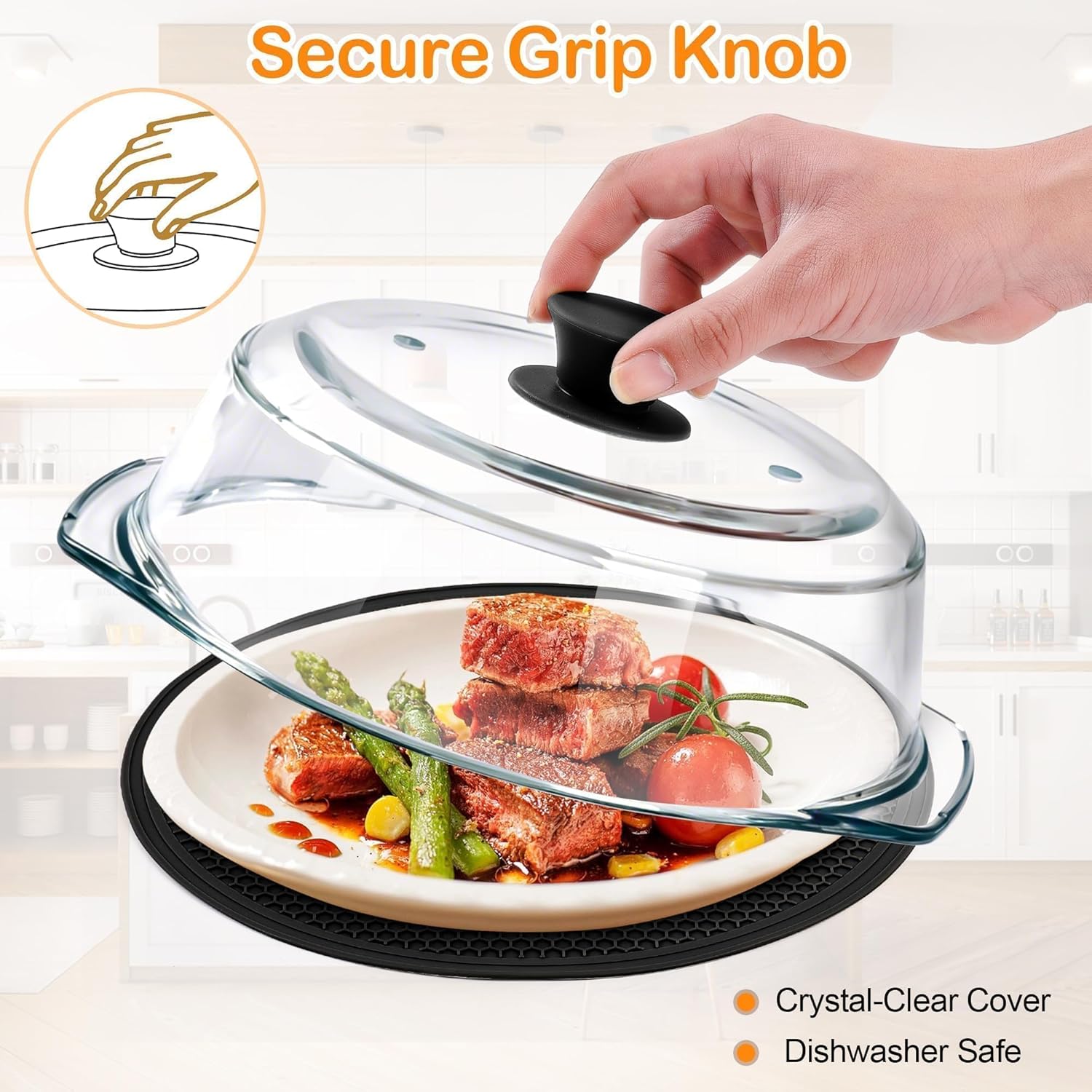 Glass Microwave Splatter Cover for Food with Microwave Place Mat - Sturdy Plate Guard Lid with Vent Holes and Easy-Grip Silicone Handle - BPA Free, Dishwasher Safe (Black)