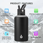 BJPKPK Half Gallon Insulated Water Bottles with Straw Lid, 64oz Large Water Jug, Stainless Steel Bottles with 3 Lids and Paracord Handle, Thermo for Hot & Cold Liquid, Black