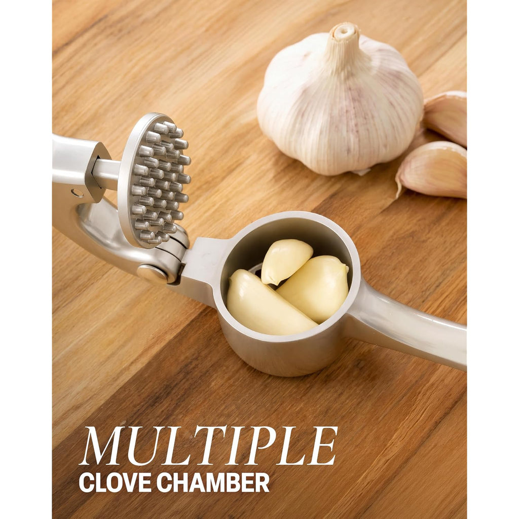 Zulay Kitchen Premium Garlic Press Set - Rust Proof Professional Garlic Mincer Tool - Easy-Squeeze, Easy-Clean With Soft, Ergonomic Handle - Silicone Garlic Peeler & Brush (Silver)