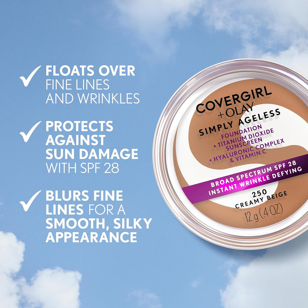 COVERGIRL Simply Ageless Instant Wrinkle Defying Foundation, SPF 28, Hyaluronic Complex & Vitamin C - 245 Warm Beige, Pack of 1