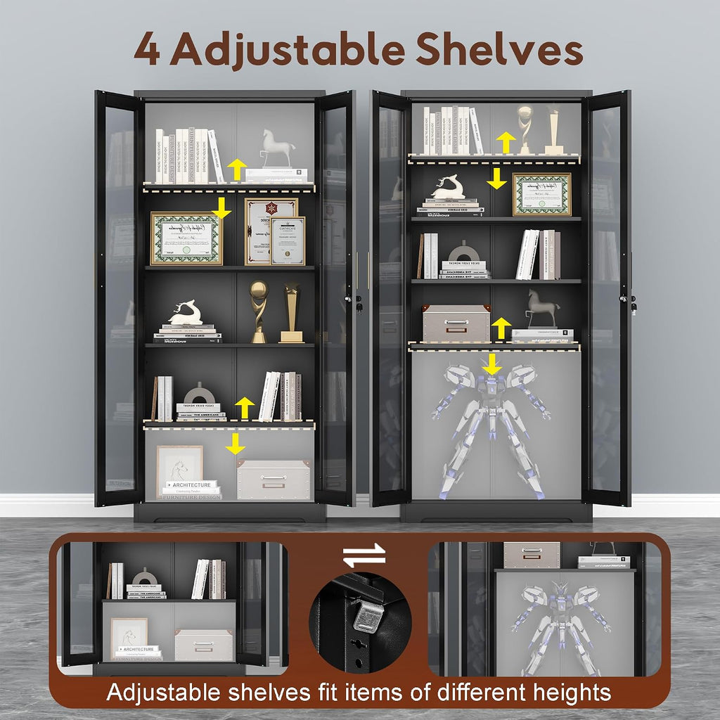 Lockable Display Cabinet With Glass Doors, Curio Cabinets With 4 Adjustable Shelves, Liquor Bookcase Bookshelf With Doors, Metal Storage Cabinet For Living Room Pantry, Black