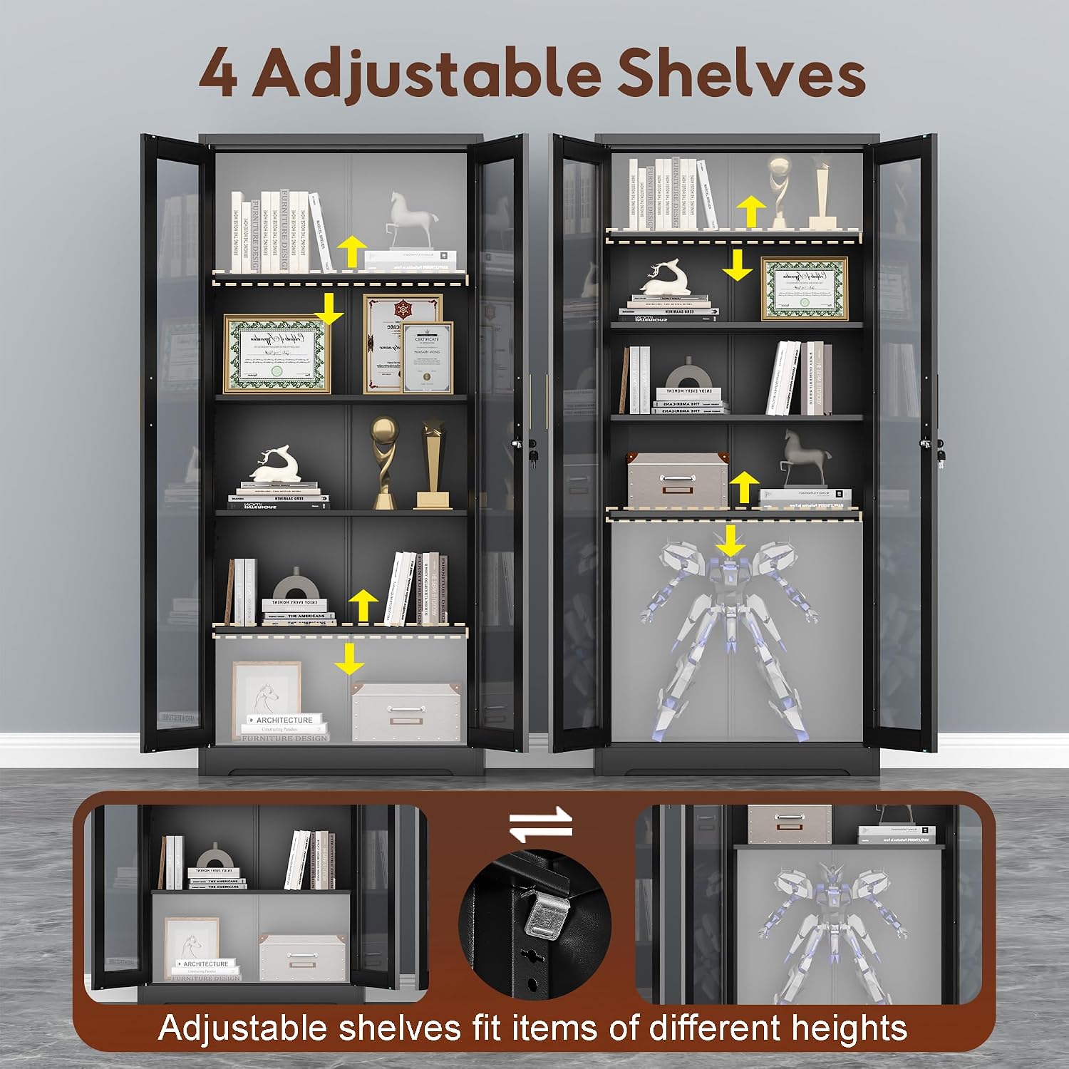 Lockable Display Cabinet With Glass Doors, Curio Cabinets With 4 Adjustable Shelves, Liquor Bookcase Bookshelf With Doors, Metal Storage Cabinet For Living Room Pantry, Black