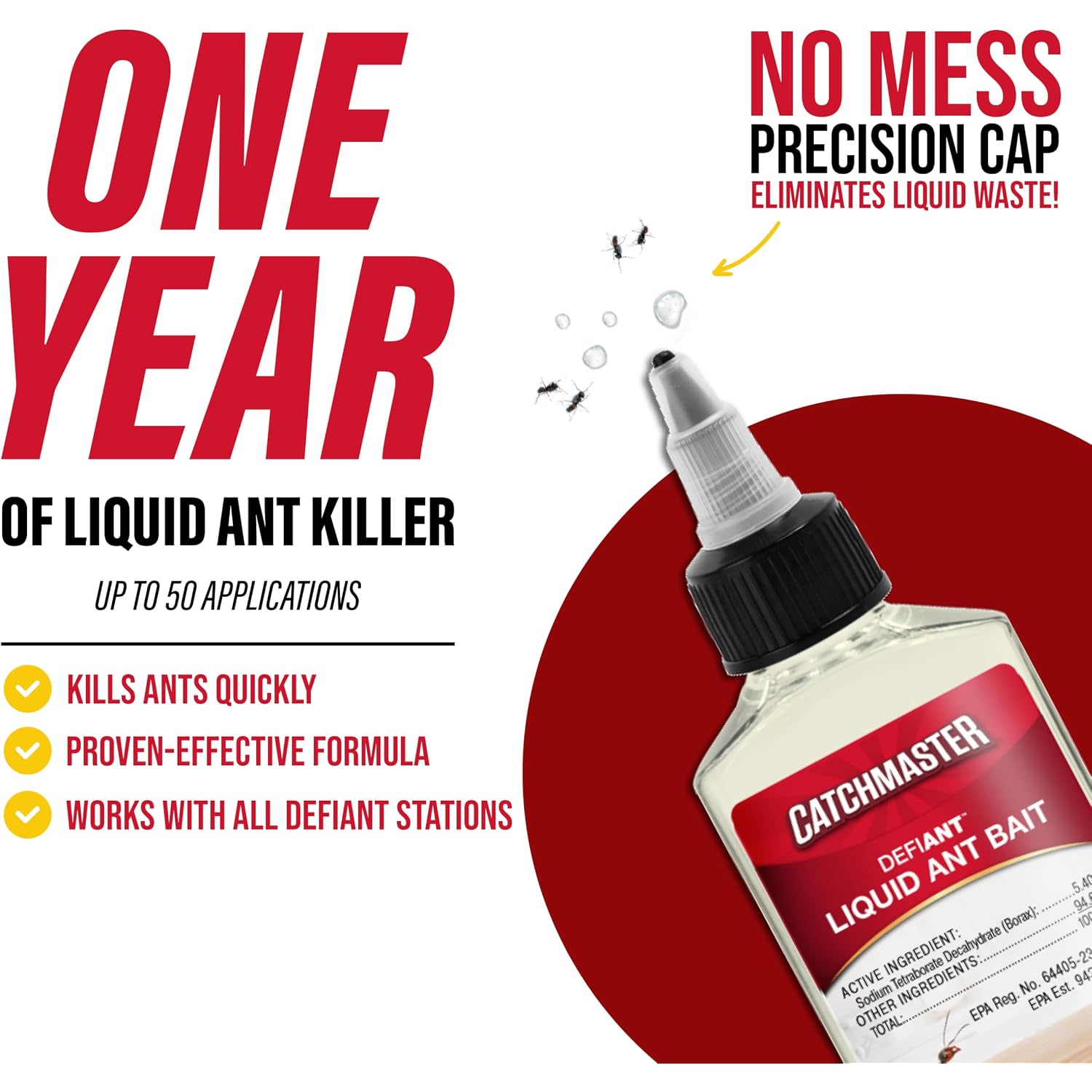 Catchmaster Defiant Premium Liquid Ant Killer, 1-Year Supply, Kills The Queen And Colony, No Mess Precision Bottle, Reusable Ant Traps Indoor & Outdoor, Pest Control Traps, Made In Usa