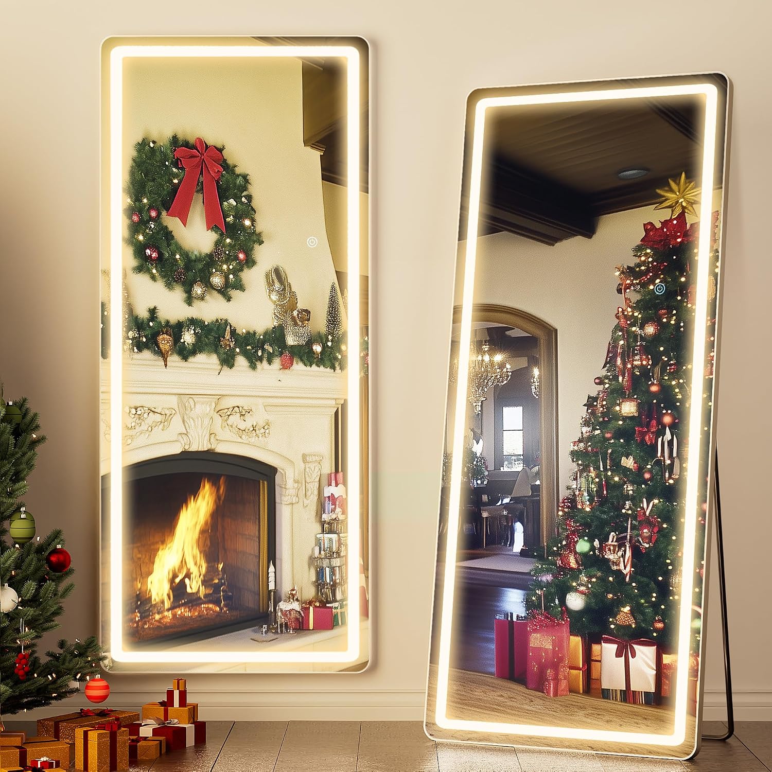 Antok Led Full Length Mirror With Light, 71"X28" Lighted Full Body Mirror With Stand, Dimmable & 3 Color Lighting Standing/Leaning/Wall Mounted Vanity Mirror For Bedroom Cloakroom Livingroom(Rect)