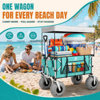 Beach Wagon With Big Balloon Wheels For Sand, 200L Extra Large Beach Cart With Canopy, 440Lbs Heavy Duty Folding Wagon Collapsible With 9" Tires & Side Pocket For Beach, Outdoor, Light Blue