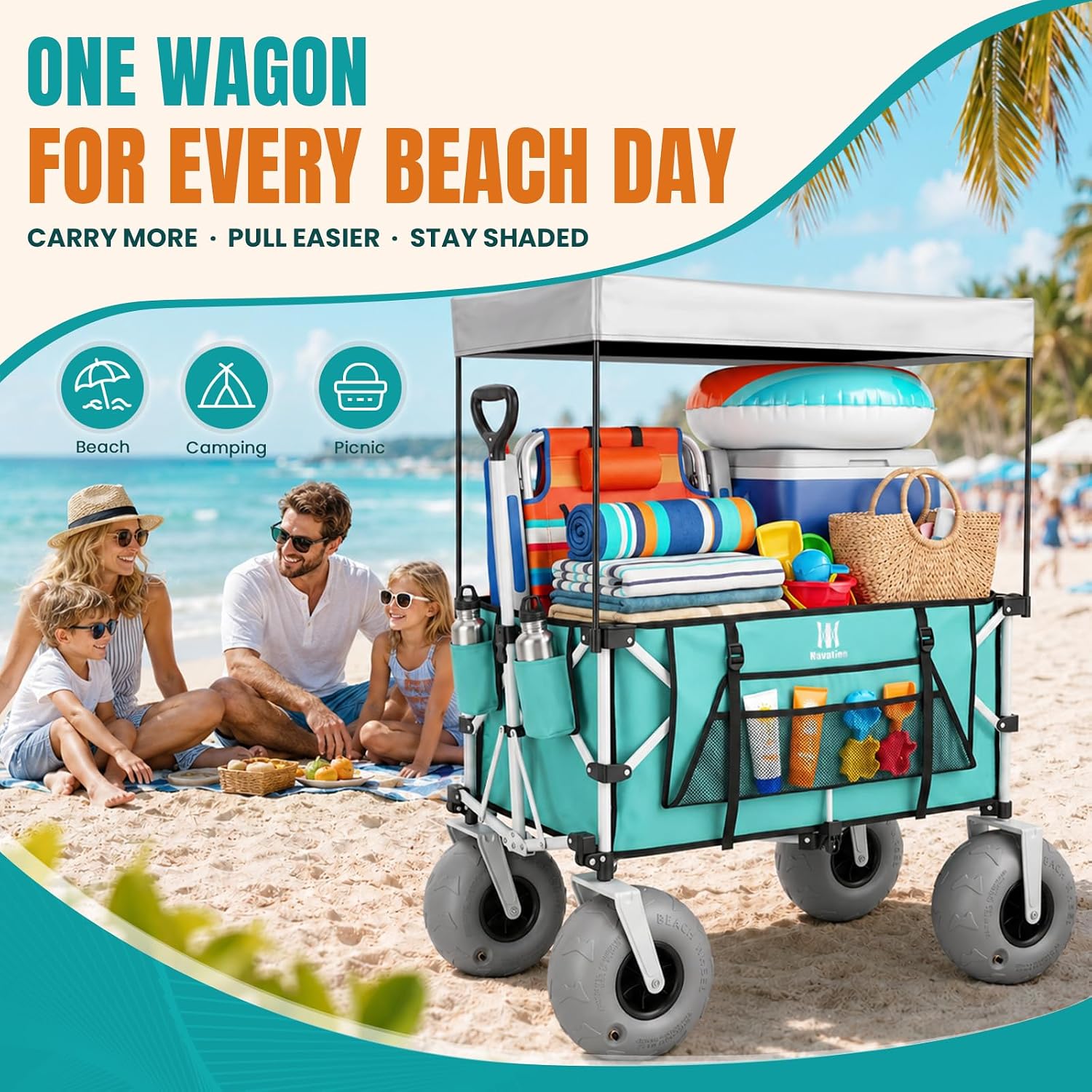 Beach Wagon With Big Balloon Wheels For Sand, 200L Extra Large Beach Cart With Canopy, 440Lbs Heavy Duty Folding Wagon Collapsible With 9" Tires & Side Pocket For Beach, Outdoor, Light Blue