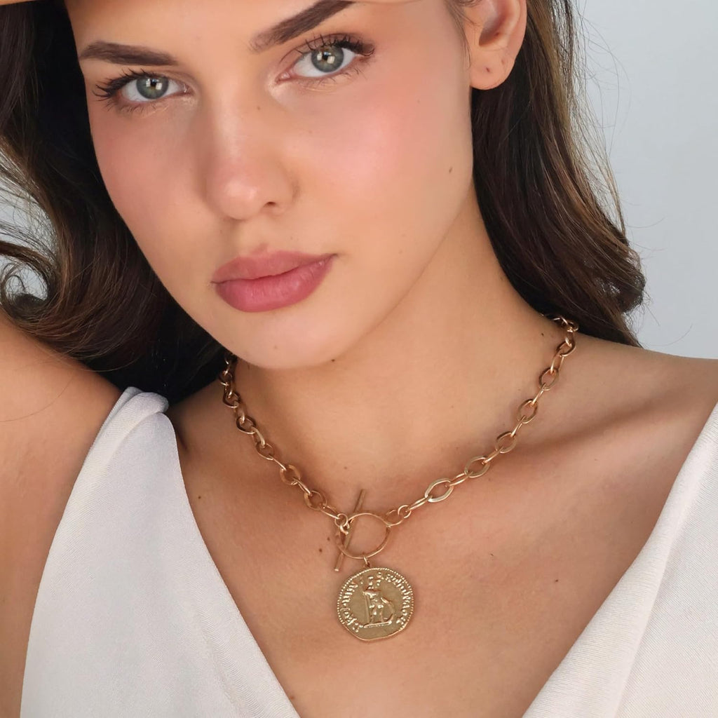 POMINA Chunky Thick Coin Necklace Trendy Fashion Statement Toggle Necklace Worn Gold Tone Pendant Thick Link Chain Layered Pearl Necklace for Women Jewelry