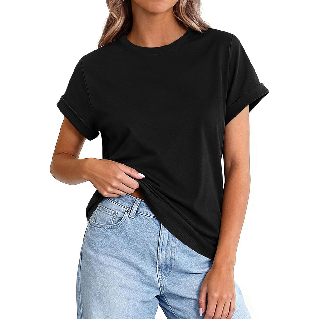 Prettygarden Womens Summer Tops 2026 Spring Casual Rolled Short Sleeve Basic Tees Crew Neck Work Shirts Fashion Clothing