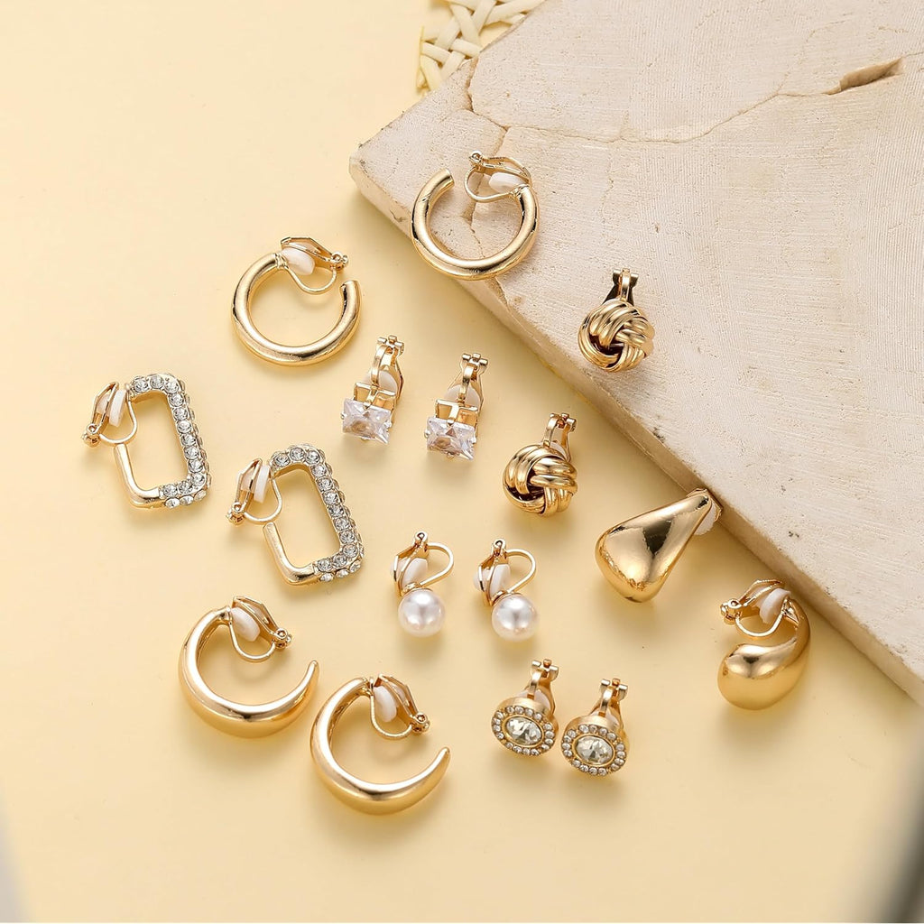 13 Pairs Clip on Earrings for Women 14K Gold Silver Plated Chunky Hoop Clip Earrings CZ Pearl Knot Twist Tube Waterdrop Croissant Non Pierced Hoop and Studs Fake Earring Jewelry Set