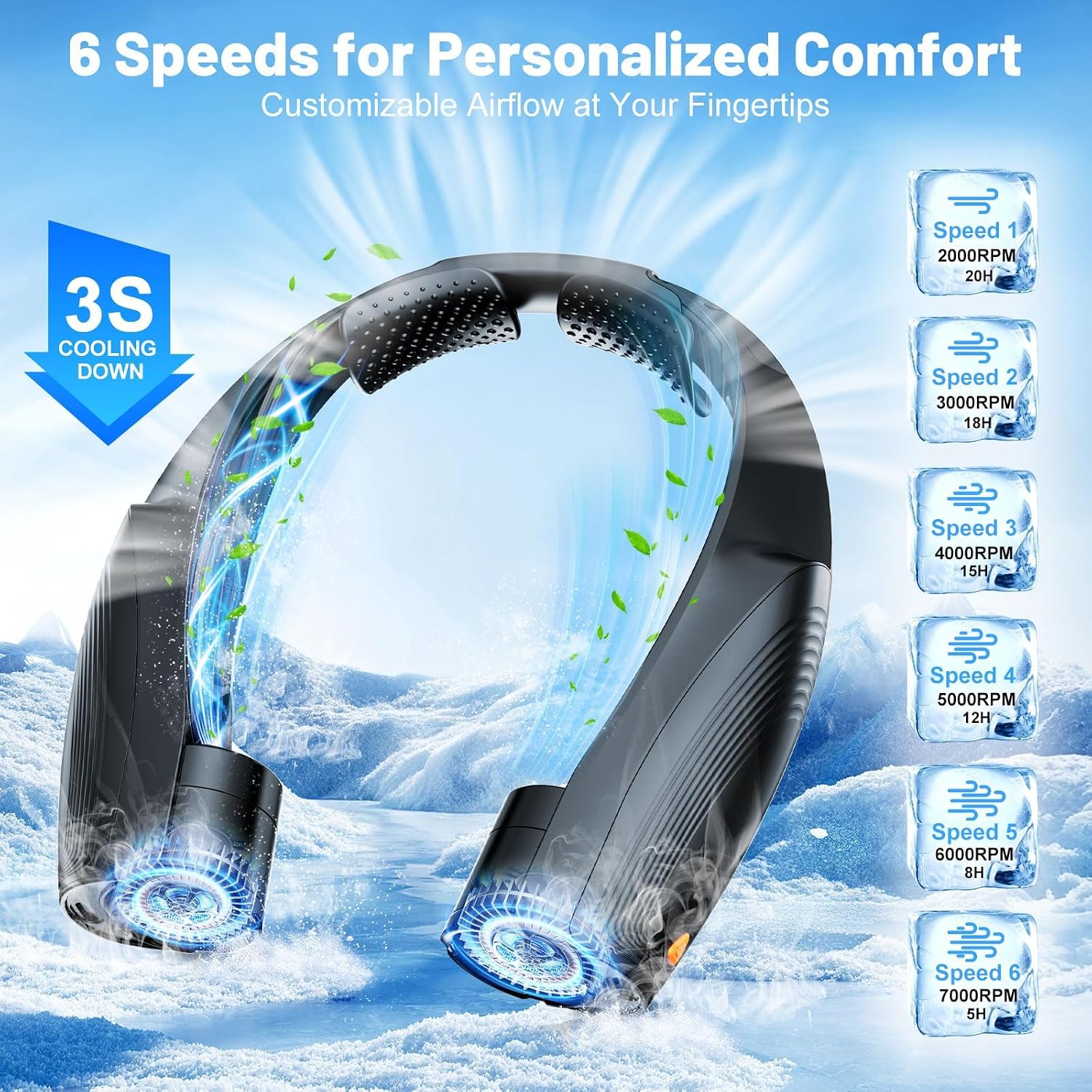 Portable Neck Fan With 6 Powerful Speeds, 8000Mah Battery Rechargeable Fan | 20H Runtime, Hands-Free 360° Cooling Personal Wearable Neck Fan, Gift For Women Men Travel Concerts