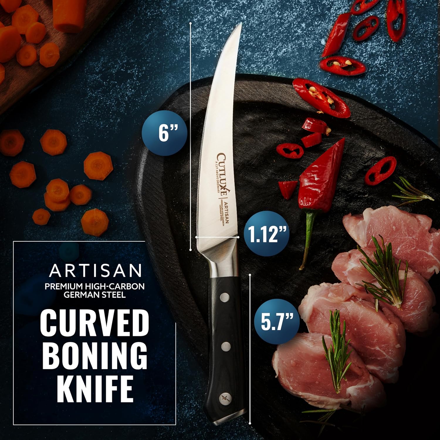 Cutluxe Curved Boning Knife – 6" Boning Knife For Meat Cutting, Filleting – High Carbon German Steel, Full Tang & Ergonomic Handle Design – Artisan Series