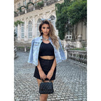 Women'S Jean Jacket Cropped Denim Jacket Stretchy 3/4 Puff Sleeve Distressed With Pockets