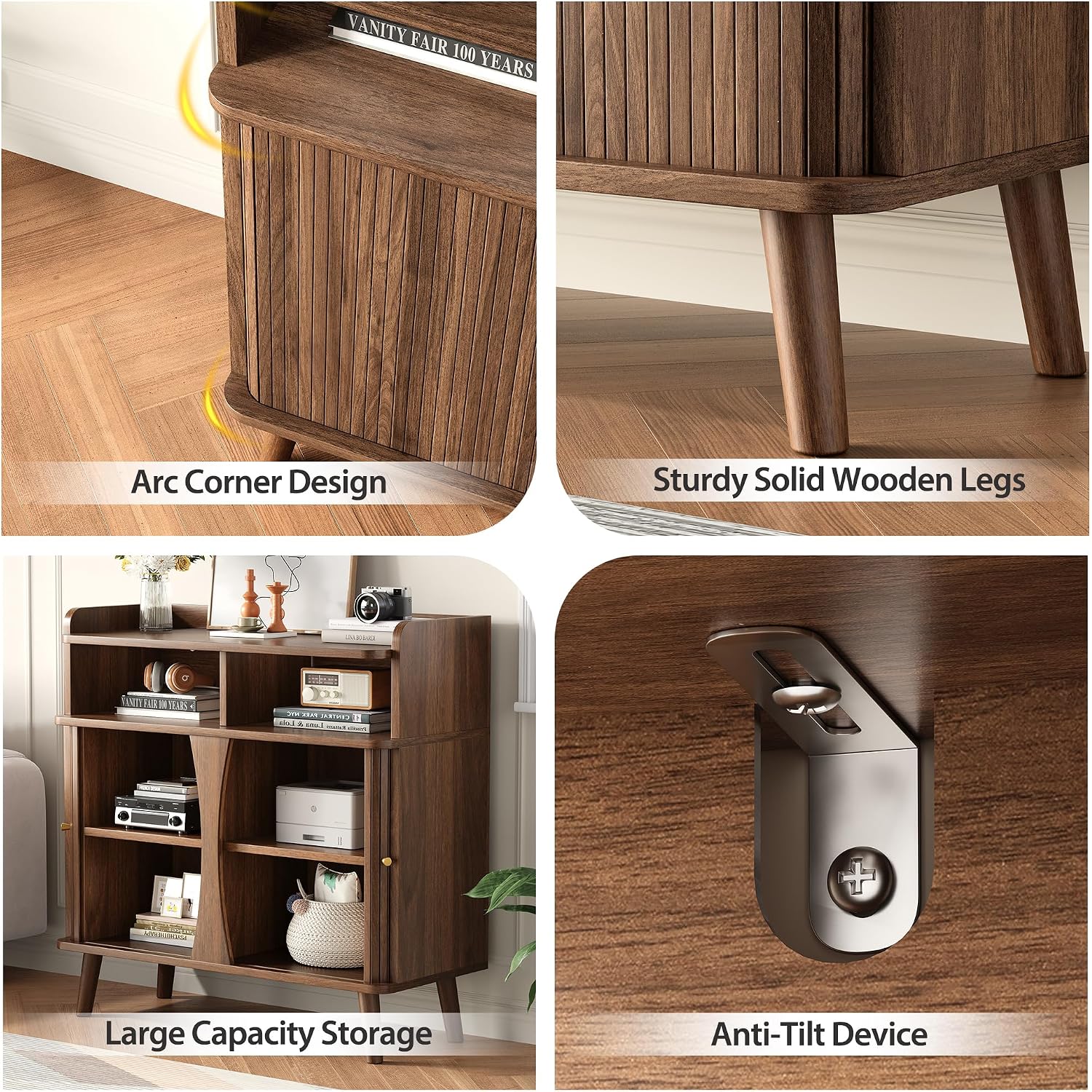 Decofy 39" Buffet Sideboard Cabinet, Mid Century Modern Console Cabinet With Roller Shutter Sliding Doors & Adjustable Shelves For Kitchen Cabinets, Living Room, Entryway, Coffee Bar Cabinet (Walnut)