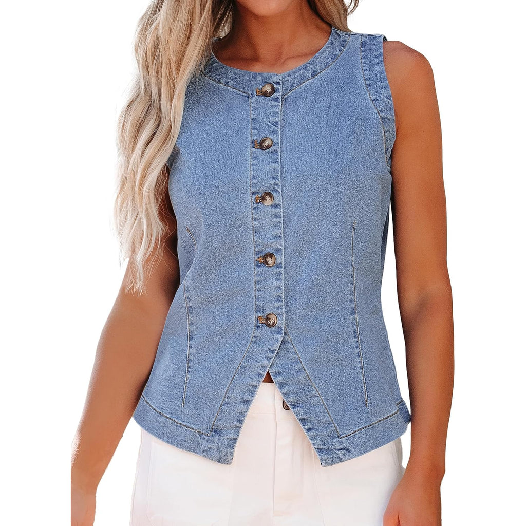 Luvamia Denim Vest For Women Sleeveless Strechy Jean Vest Top Button Down Crewneck Casual Summer Western Waistcoat