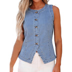 Luvamia Denim Vest For Women Sleeveless Strechy Jean Vest Top Button Down Crewneck Casual Summer Western Waistcoat