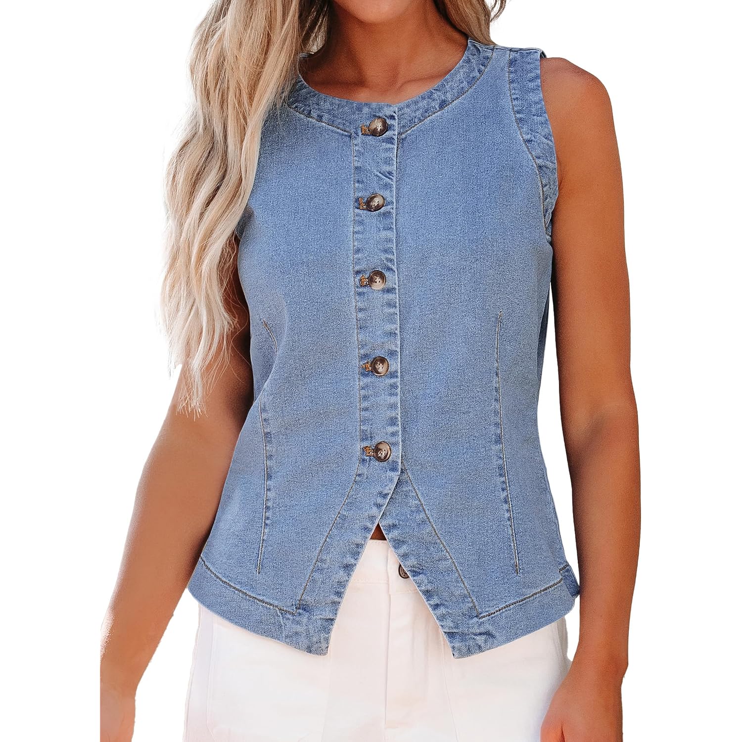 Luvamia Denim Vest For Women Sleeveless Strechy Jean Vest Top Button Down Crewneck Casual Summer Western Waistcoat
