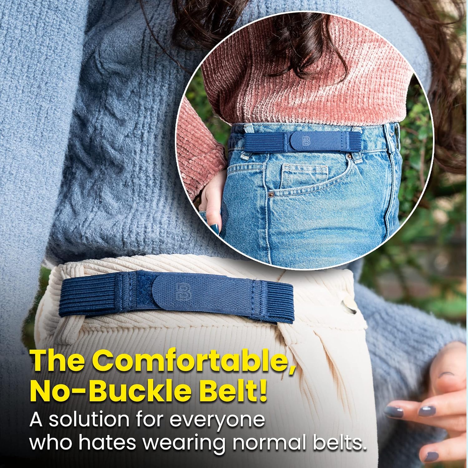 BeltBro For Women No Buckle Elastic Belt — Fits 1 Inch Belt Loops, Easy To Use