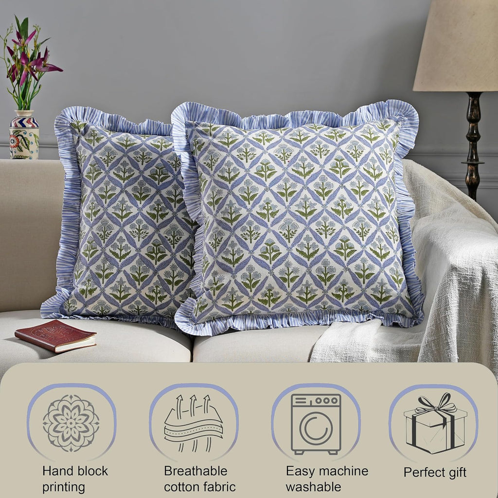 Block Print Light Steel Blue Throw Pillow Cover 18" X 18" (Pack Of 2) Decorative Cushion Covers With Ruffle For Couch, Sofa, Bed, Living Room, Home Decor Gift For Spring, Easter, Valentine