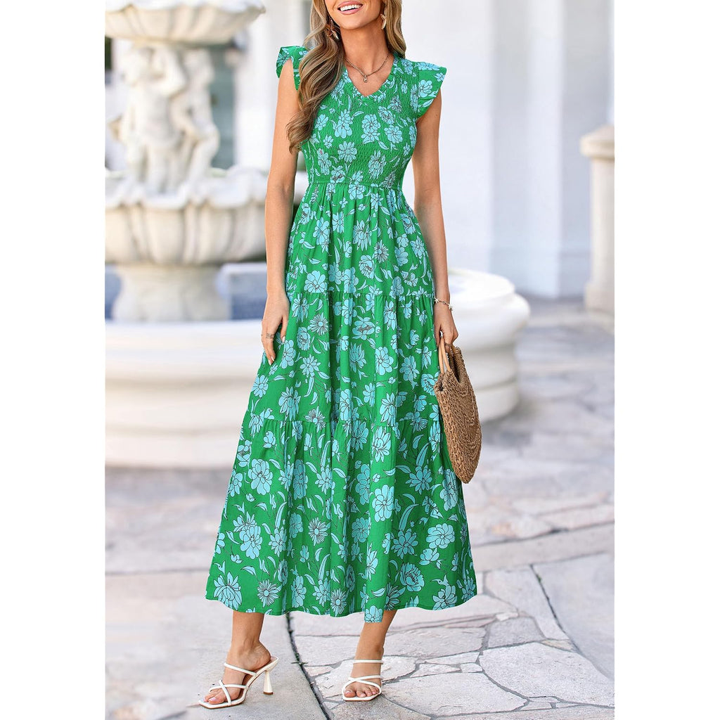 Prettygarden Women'S Boho Floral Maxi Dress 2026 Summer Smocked V Neck Ruffle Sleeve Spring Flowy Beach Vacation Sundresses