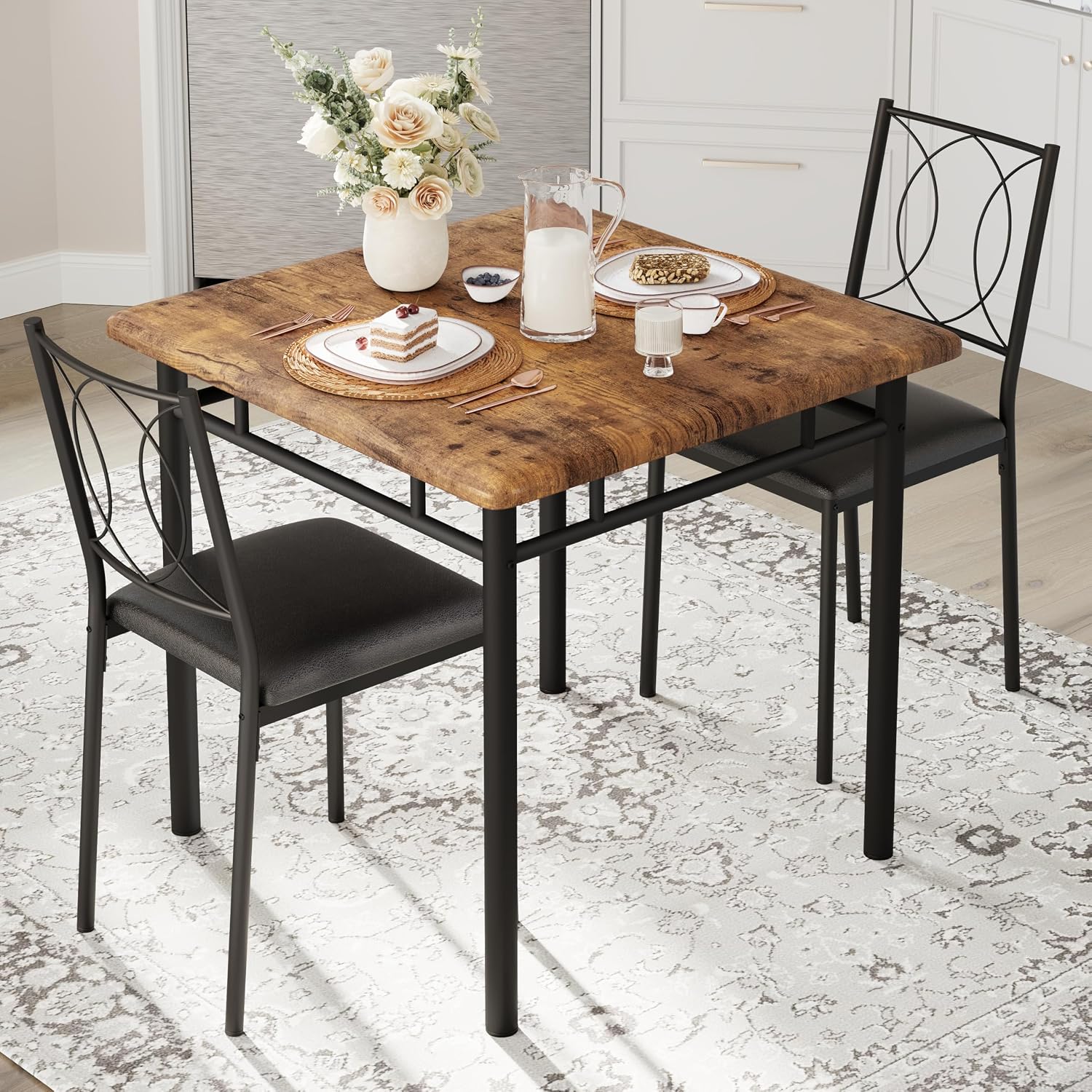 Idealhouse Space-Saving Dining Table Set For 2 – 3-Piece Farmhouse Wooden Table & Upholstered Chairs – Easy To Clean, Ideal For Apartments & Breakfast Nooks – Compact Dining Furniture – Vintage Color