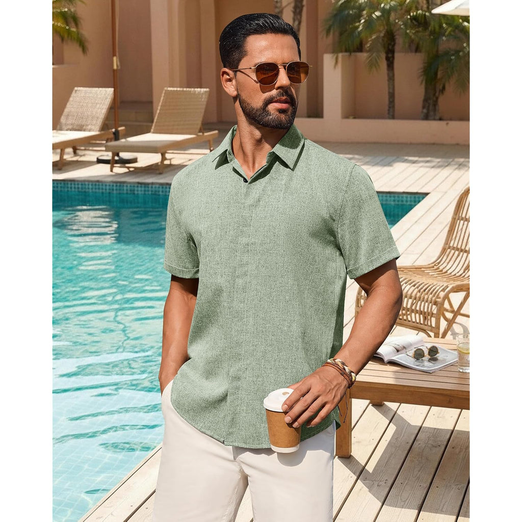 Mens Linen Shirt Short Sleeve Button Down Shirt Summer Casual Beach Tops | Lightweight Breathable, Shrink-Resistant, Linen Texture, Relaxed Fit Button Up, For Vacation Wedding Work Office Date Daily