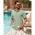Mens Linen Shirt Short Sleeve Button Down Shirt Summer Casual Beach Tops | Lightweight Breathable, Shrink-Resistant, Linen Texture, Relaxed Fit Button Up, For Vacation Wedding Work Office Date Daily