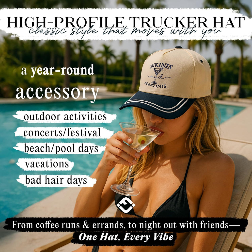 Funky Junque Trucker Hats for Women - Funny Retro 2 Tone Snapback Cap with Embroidered Brim, Cute Country Western Style Bikinis and Martinis - Navy/Beige