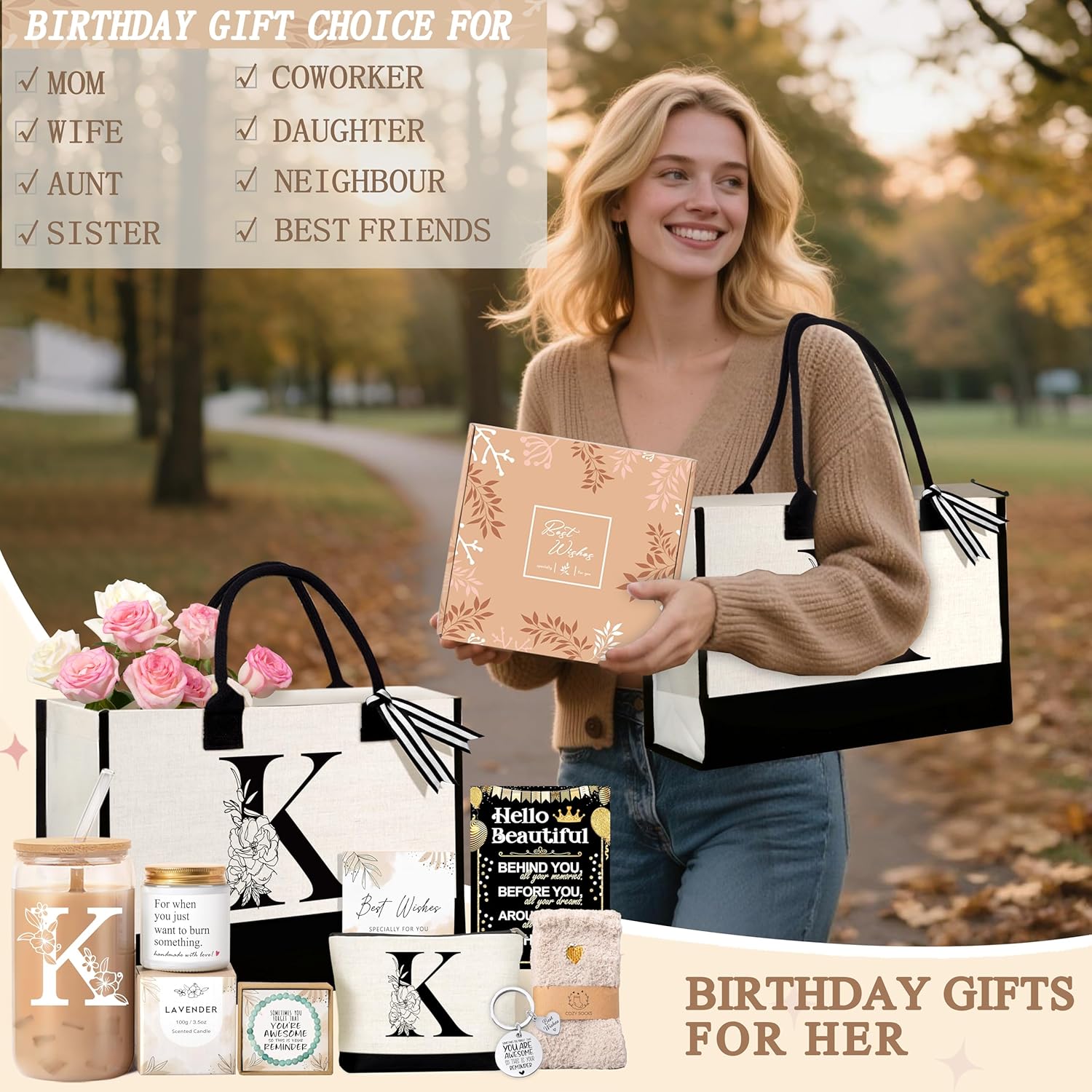 Birthday Gifts for Women, Monogrammed Initial Gift for Teacher Wife Mom, Tote Bag