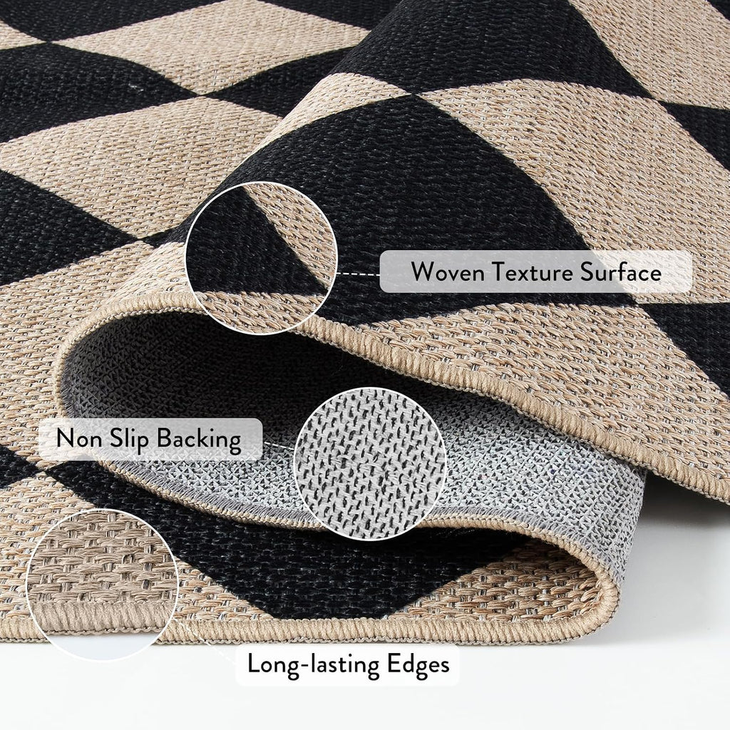 Lahome Checkered Easy Jute 3X5 Entryway Front Porch Rug, Black Diamond Indoor Outdoor Patio Layering Rug, Washable Farmhouse Neutral Non Slip Non Shedding Door Carpet For Backyard Blacony