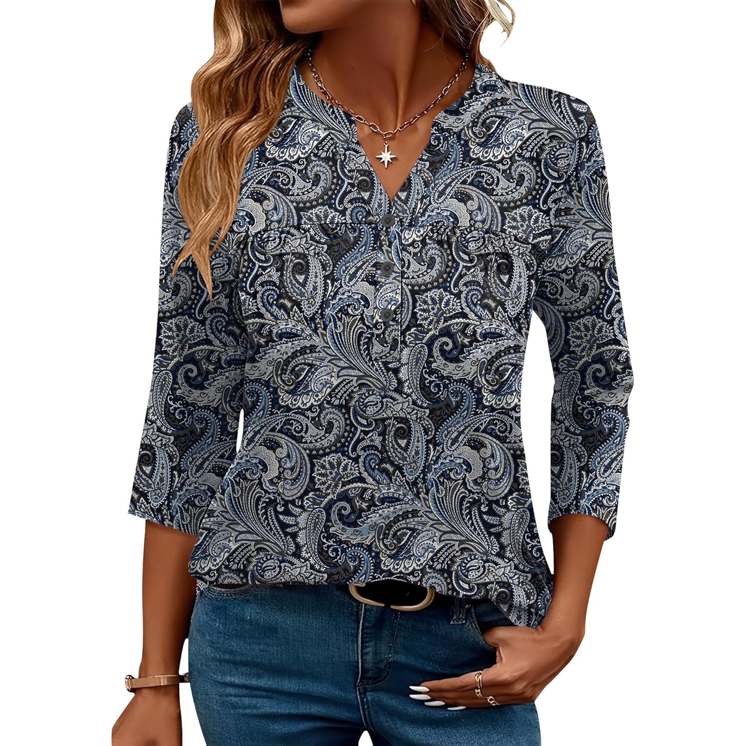 Womens Tops 3/4 Sleeve Botton Down Shirts Casual V Neck Tunic Blouses Pleated Fashion Summer Tees 2026 Trendy S-3XL