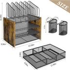 4-Tier Mesh Desk Organizer, Wooden Desk File Organizer With 5 Vertical File Holders And 2 Pen Holders, Desktop Organizers And Accessories With Drawer For Home Office