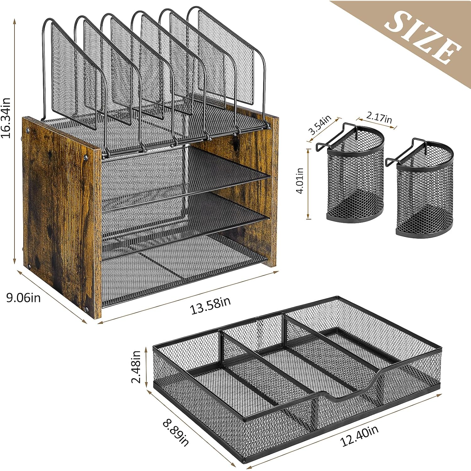 4-Tier Mesh Desk Organizer, Wooden Desk File Organizer With 5 Vertical File Holders And 2 Pen Holders, Desktop Organizers And Accessories With Drawer For Home Office