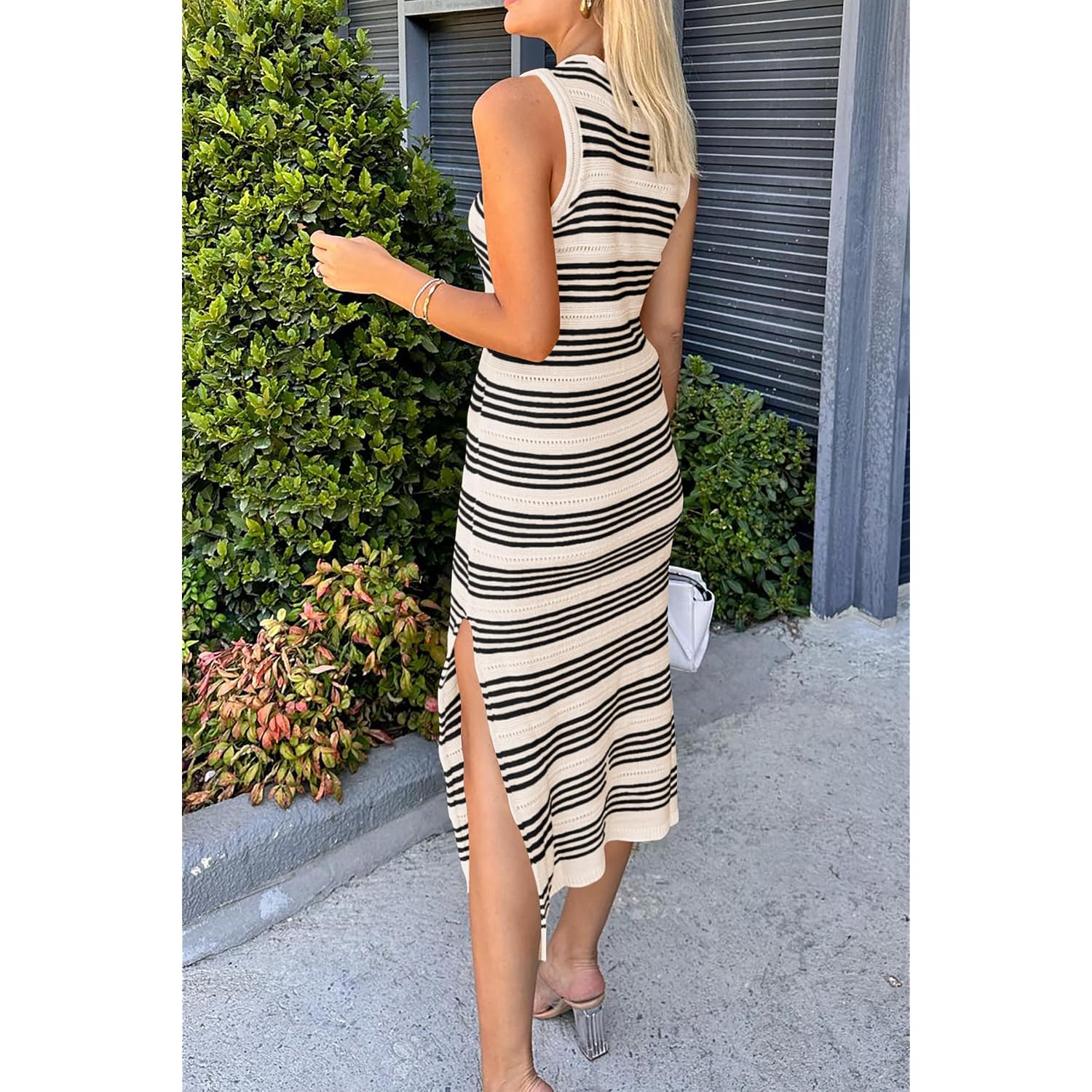 Prettygarden Summer Dresses For Women 2026 Casual Sleeveless Hollow Out Knit Side Slit Striped Beach Vacation Midi Dress