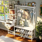 Gyfimoie 7-In-1 White Hall Tree With Bench And Shoe Storage, 55" Wide Entryway Coat Rack With Shoe Storage Shelves & Drawers, Mudroom Bench With Seating And Hooks For Hallway, Entrance