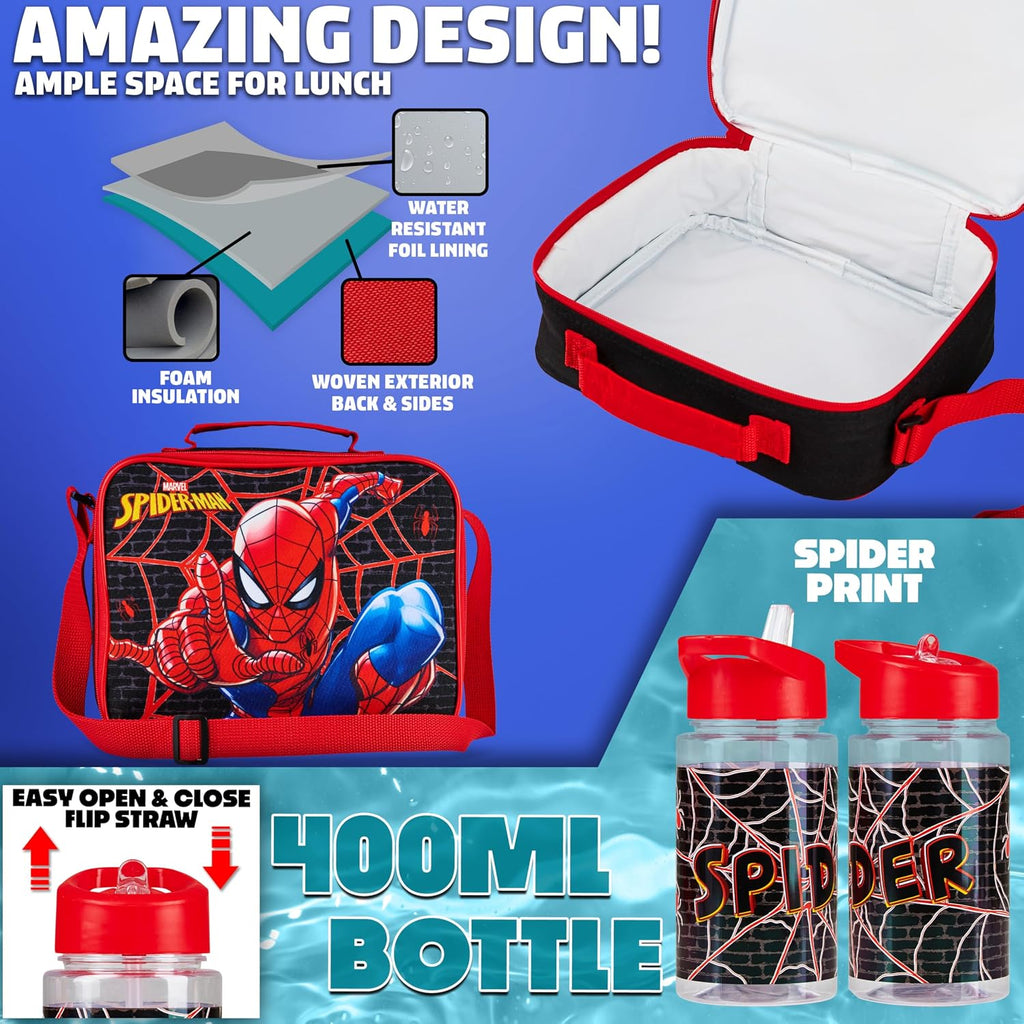 Marvel Spiderman Backpack Lunch Box Water Bottle Pencil Case 4 Pc Set For Boys Girls Bookbag Picnic Backpacks Gifts For Kids