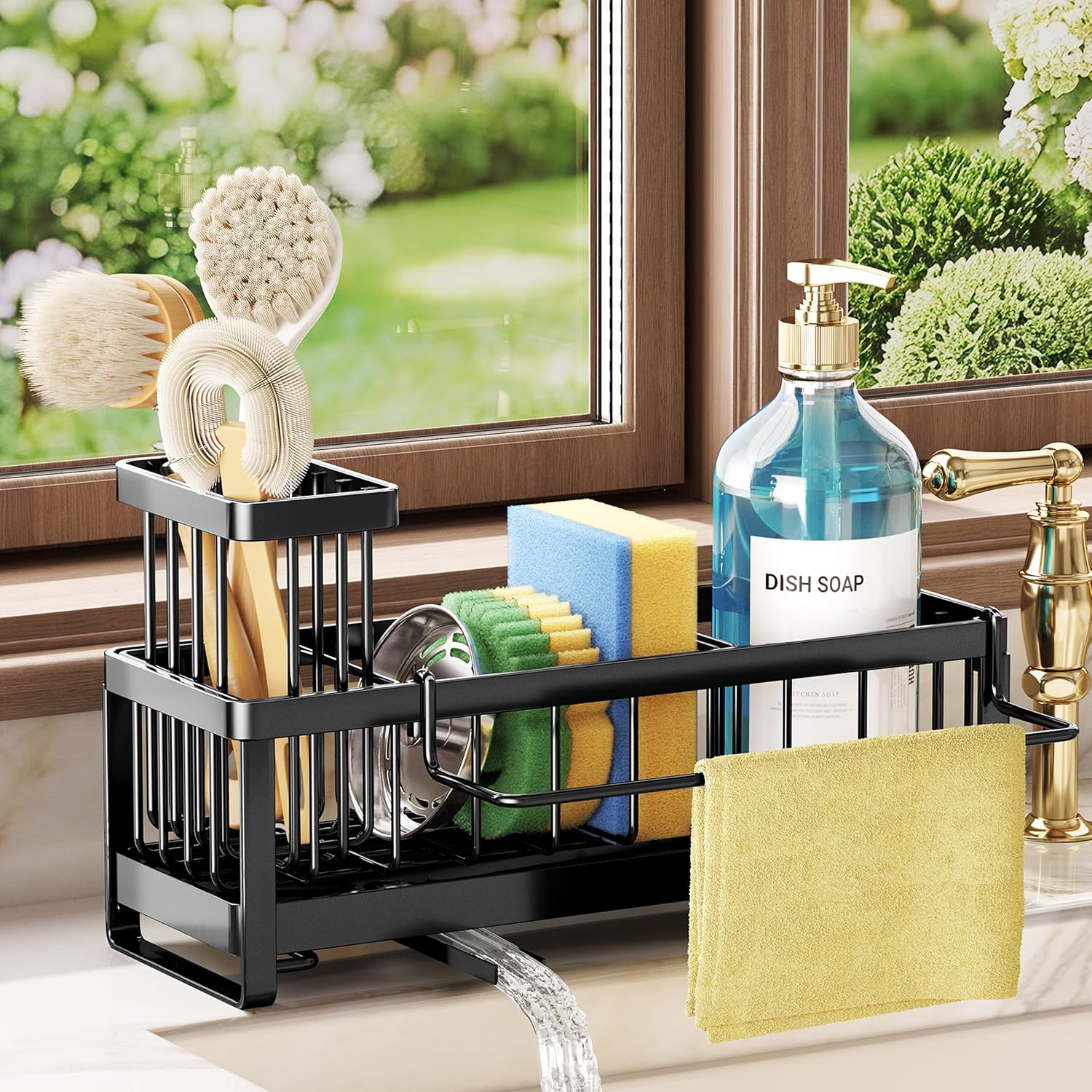 Sponge Holder For Kitchen Sink - Sink Caddy With Brush Holder Self-Draining Sponge Caddy Organizer With Divider Stainless Steel Kitchen Accessories Storage For Countertop, Black