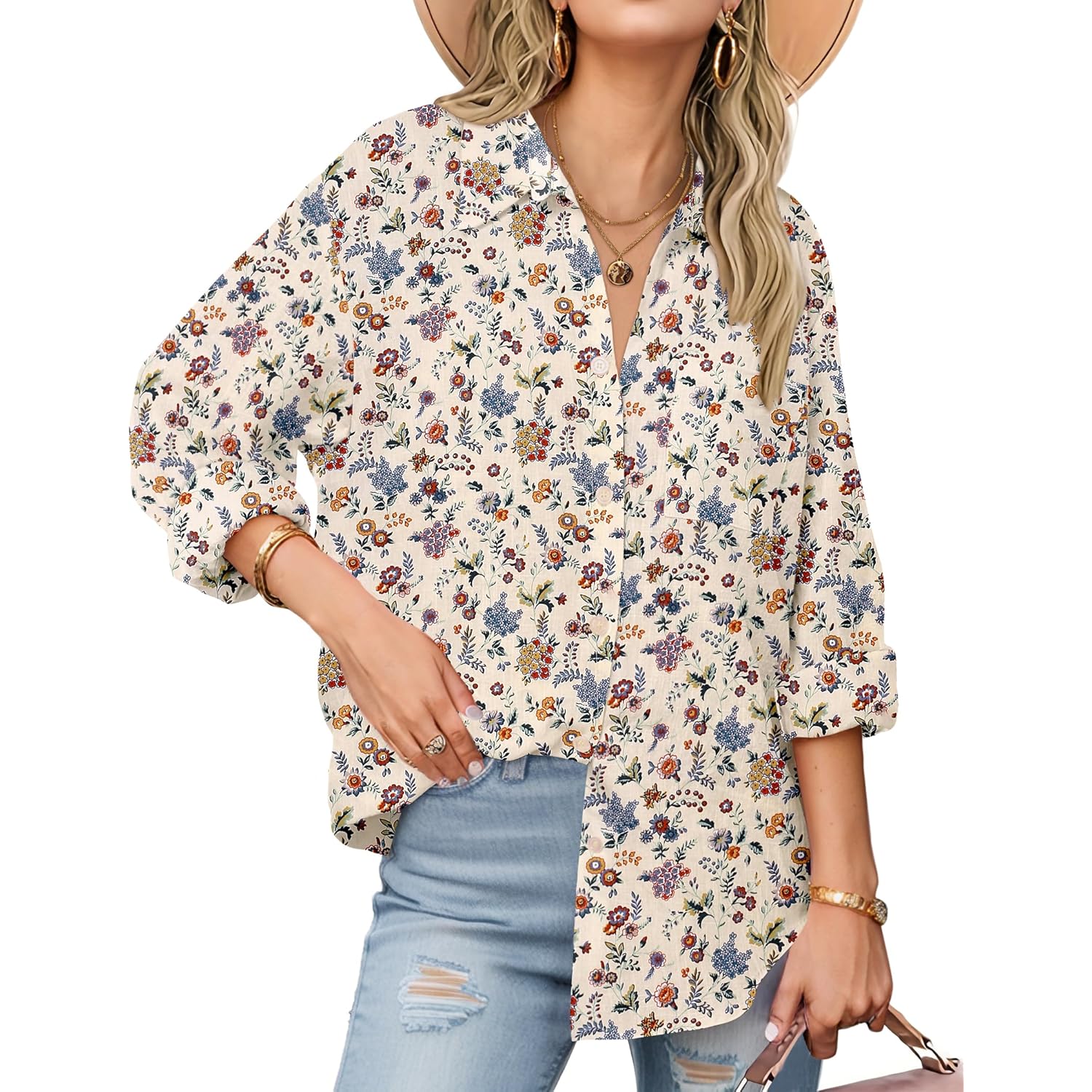 Womens Button Down Shirts Long Sleeve Cotton Gauze Tops Casual Collared Blouses Loose Fit