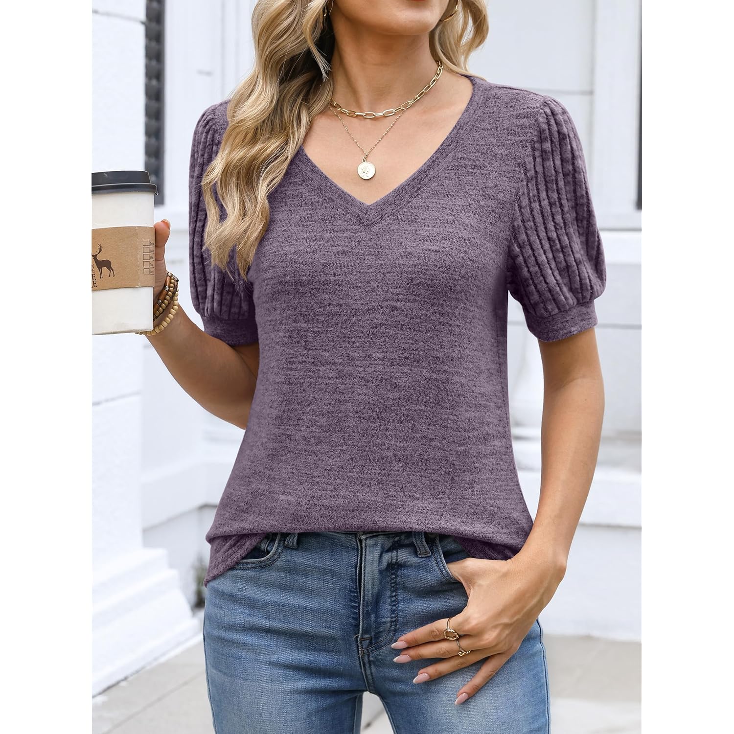 Womens Tops Summer Sweaters Dressy Casual V Neck Tunic Blouses Short Sleeve Basic Tee Shirts 2026 Trendy Clothes