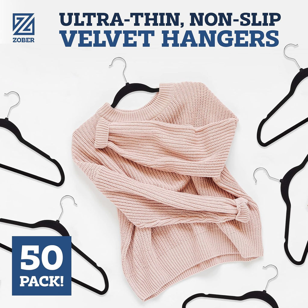Zober Black Velvet Hangers 50 Pack - Clothes Hangers, Coat Hanger For Pants & Dress Clothes - Non Slip W/ 360 Degree Swivel, Holds Up To 10 Lbs - Strong Felt Hanger For Clothing