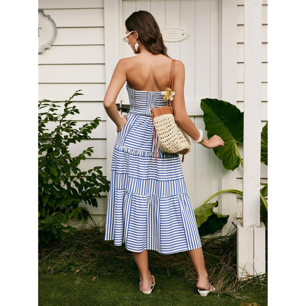 Cider Women'S Strapless Dress With Pockets Tube Striped Long Midi Dresses A Line Beach Vacation Casual Summer Outfits