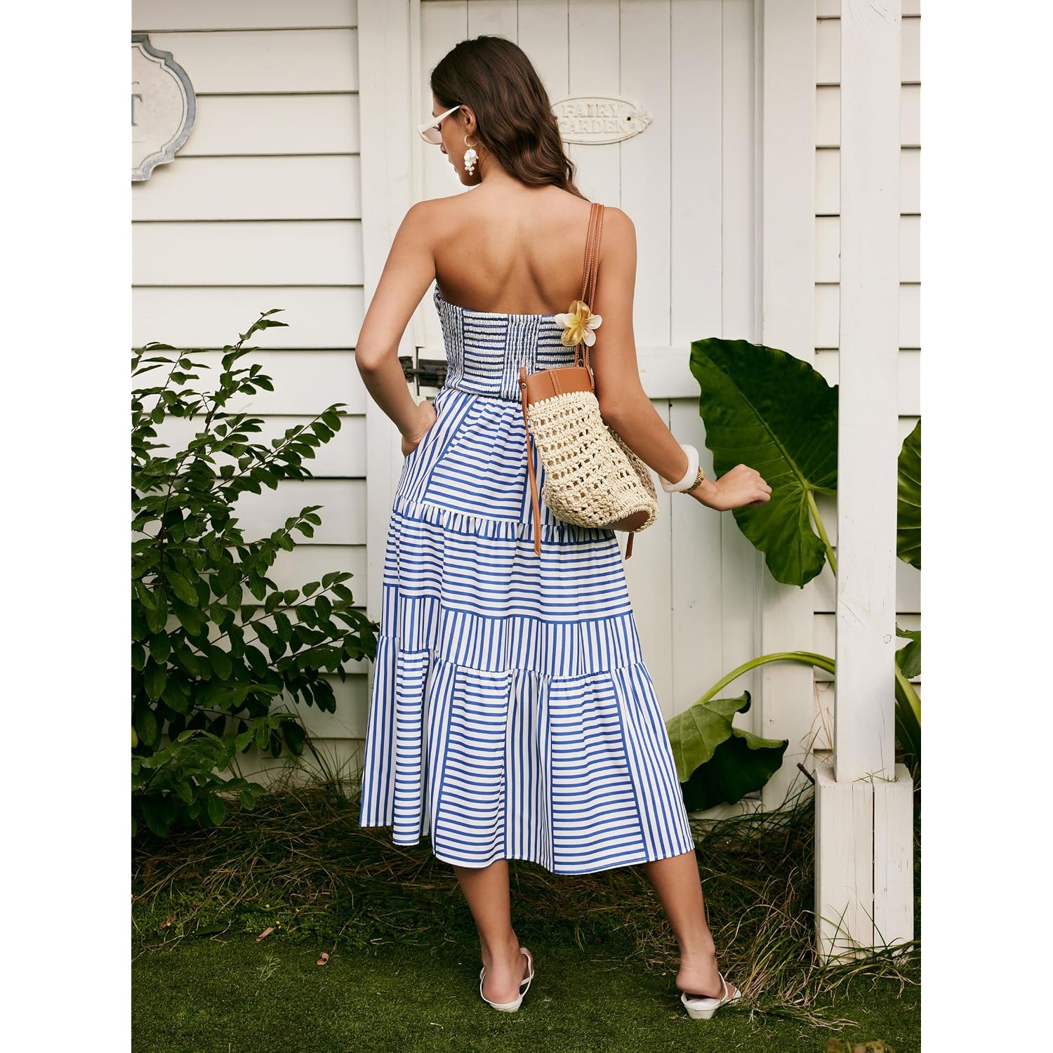 Cider Women'S Strapless Dress With Pockets Tube Striped Long Midi Dresses A Line Beach Vacation Casual Summer Outfits