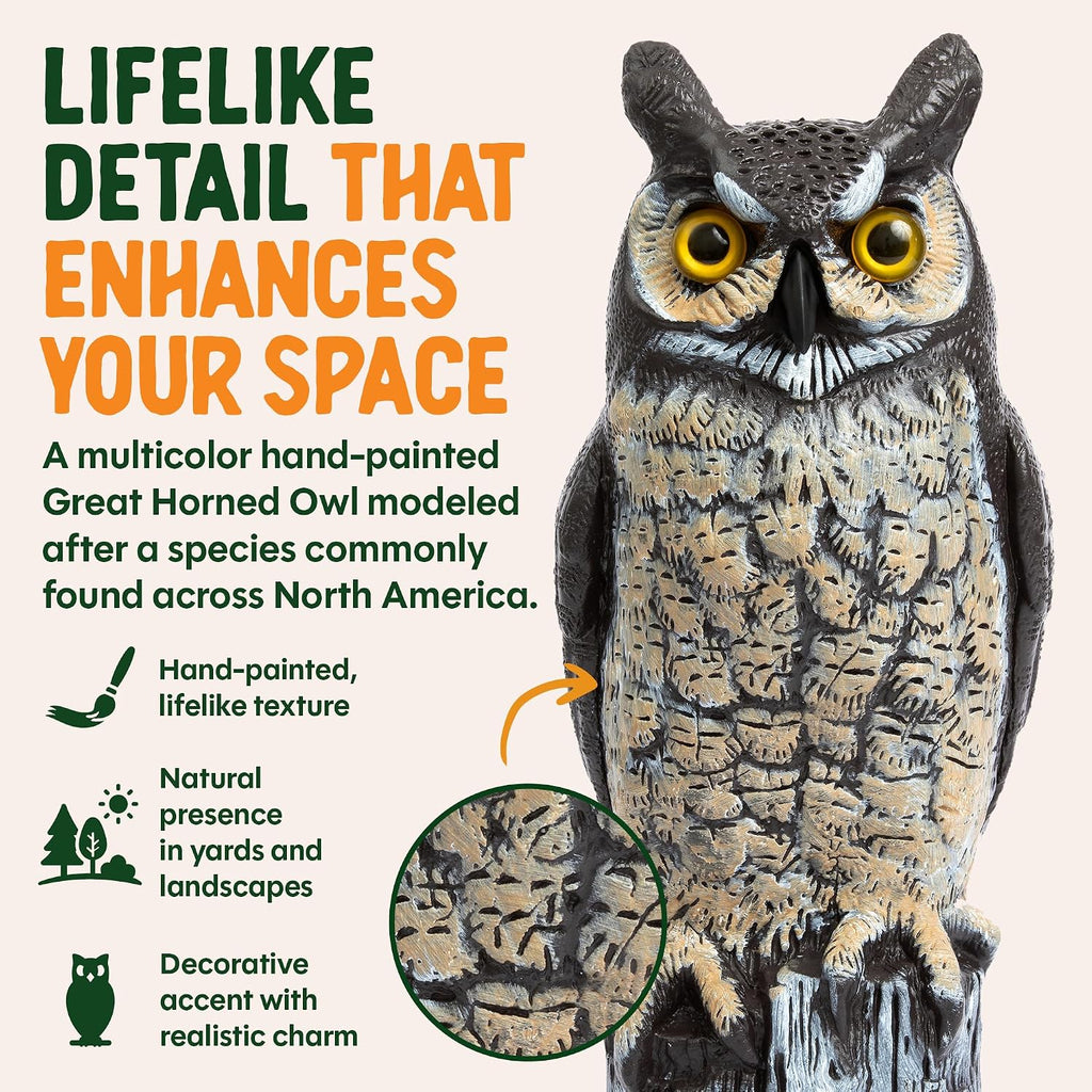 Dalen Lifelike Great Horned Owl Decoy Bird Repellent - 16In Hand-Painted Scarecrow For Gardens & Rooftops, Owl Bird Deterrent, Fixed-Head Design, Fill Base With Sand/Gravel Only - Multicolor
